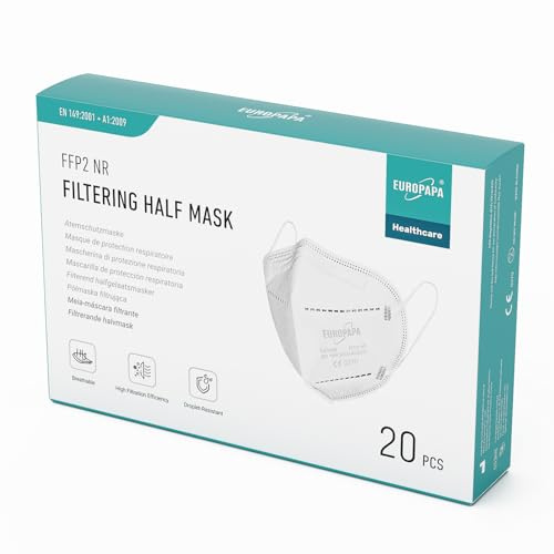 EUROPAPA 20x FFP2 Vit masker Andningsmask 5-lagers dammmasker Hygieniska Individuellt förpackade kroppscertifierade EN149:2001+A1:2009 Ansiktsmask EU2016/425