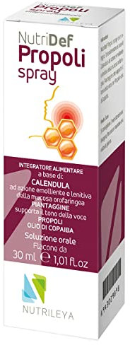 Nutrileya Propoli Spray Gola Naturale, 30ml, con Calendula, Piantaggine e Olio di Copaiba, Sollievo per Mal di Gola e Abbassamento Voce, Spray Gola Bambini e Adulti