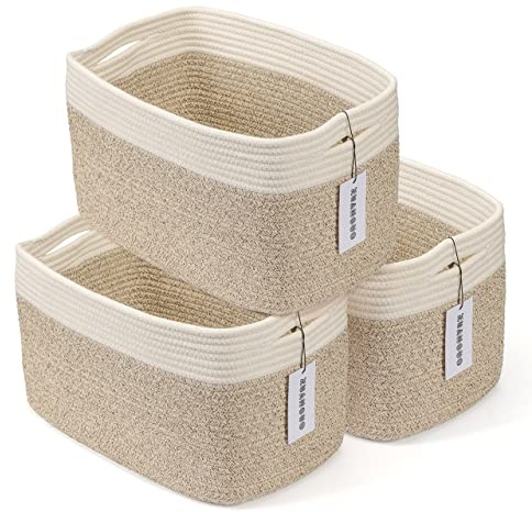 Cotton Rope storage Basket Bins Woven Basket for Organizing Shelves 15X10X9.3 Rectangle Decorative Baskets For storage Clothes Toys Books Towels Nursery basket organizer 3 pack white and brown