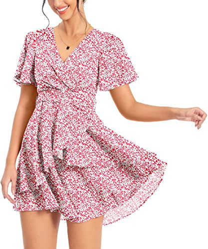 PCEAIIH Women's Deep V-Neck Empire Ruffle Mini Skater Dress