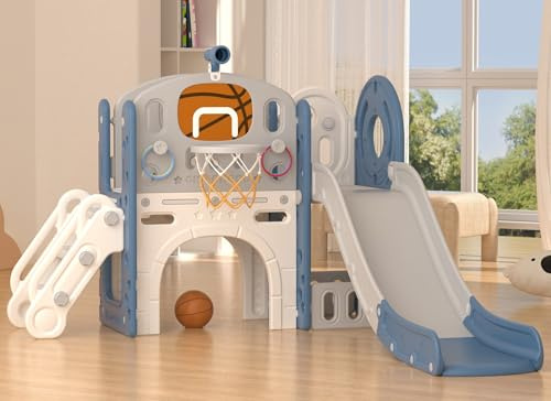 XJD 8 in 1 Toddler Slide Set, Kids Slide for Toddlers Age 1+, Climber Slide PlaySet with Basketball Hoop and Ball,Outdoor Indoor Playground for Toddlers 1-3 (Blue Gley, 8 in 1)