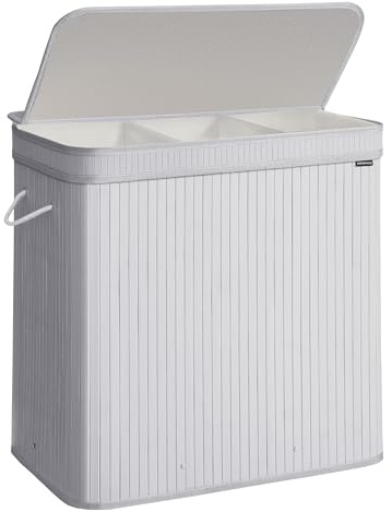 SONGMICS Wäschekorb mit Deckel, Wäschesammler Bambus, Wäschesack herausnehmbar und maschinenwaschbar, mit Griffen, 150 Liter, für Waschküche, Schlafzimmer, Wohnzimmer, taubengrau LCB062G01