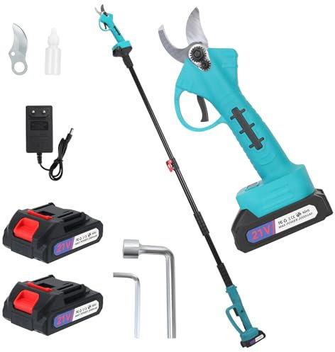 Tijera de Podar Eléctrica de 33MM, con Pértiga Telescópica de 170 cm, 21V 2 * 2000mAh Baterías Trabajo Hasta 4-8 Horas, Apta Para Podar Ramas Altas Apto para Jardines, Huertas, Granjas