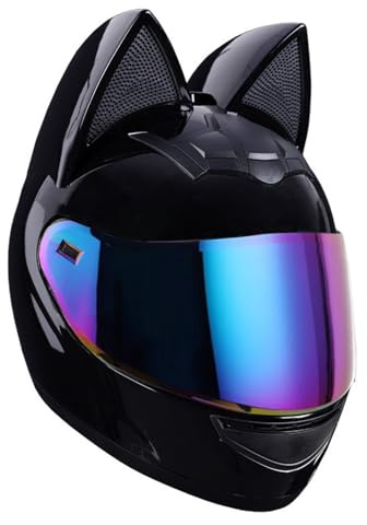 Casque de Moto à Oreilles de Chat, Casques intégraux avec visières, Casques de Motocross homologués pour Hommes et Femmes Adultes, Quatre Saisons K,L57-59CM