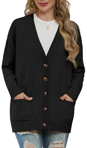 GRECERELLE - Cardigan da donna, maglioni lavorati a maglia invernali, cardigan a manica lunga con bottoni, scollo a V, taglia forte, con tasca, 01 Nero, M