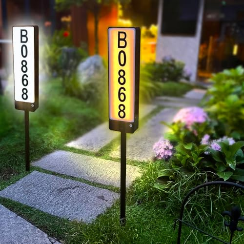 Solar Address Sign, Double Side House Numbers for Outside Light Up, Led Illuminated Address Number Outdoor with Stake, IP65 Waterproof Warm/Cold White Outdoor House Plaque for Yard Driveway Home Mailbox Street