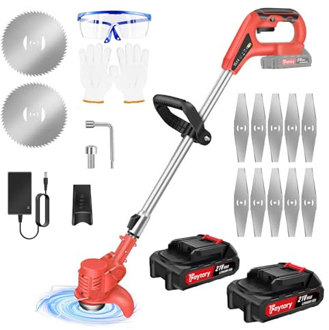 Desbrozadora Electrica, Desbrozadora a Batería21V con 2x1500mAh Baterías, 12 Cuchillas, Cabezal Pivotante 90°, Mango Ajustable Telescópico, Desbrozadorade Mano para Césped y Jardín y Campo (Rojo)