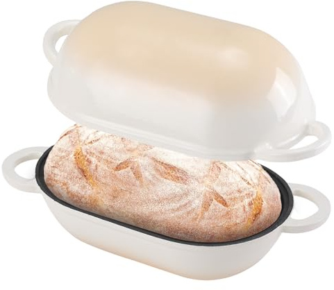 NSIRONS Moule à pain en fonte avec couvercle, 23 cm, en fonte émaillée, cocotte avec couvercle, 2,75 l, idéale pour le pain, le pain, le four, dégradé de couleur blanche