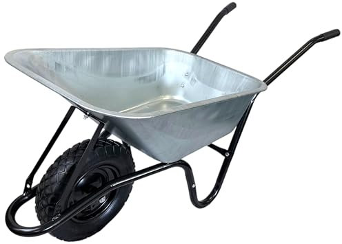 Heavy Duty Garden Wheelbarrow, Galvanised Steel Tub, Pneumatic Tyre, Black Frame 90L, 150KG Weight Load Capacity, for Rough Terrain, Ergonomic Handles for Heavy Garden Tasks, Builders Barrow