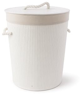 HERSIG - Cesto Ropa Sucia - Cesta Ropa Sucia Diseño Bambú con Tapa y Asas – Cesto Colada con Bolsa Tela Extraíble - Diseño Resistente y Robusto - Redondo Blanco