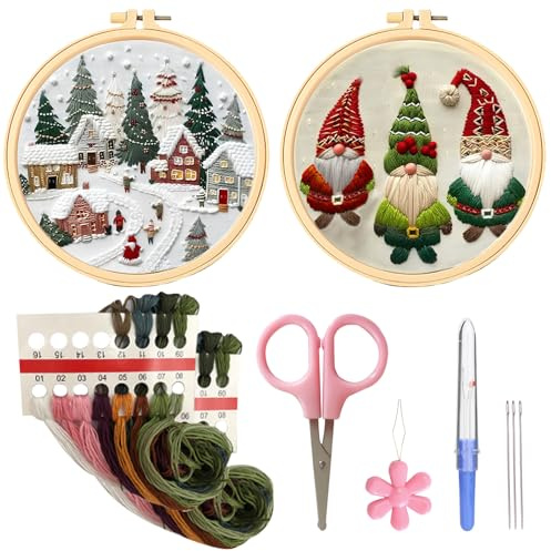 HTTDSLF Kit de Démarrage de Broderie de Noël, Kit de Broderie Noël avec Motif, Embroidery Starter Kits, DIY Point de Croix Broderies Kits, Avec 20cm Tambour a Broder, Fils, Aiguilles, Instructions