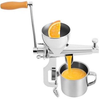 Fruktpress rostfritt stål manuell, juicepress för äpplen och druvor med rostfritt stålfilter, stabil vinpress med C-klämma, innehåller tillbehör för juiceutvinning, perfekt för hushåll och