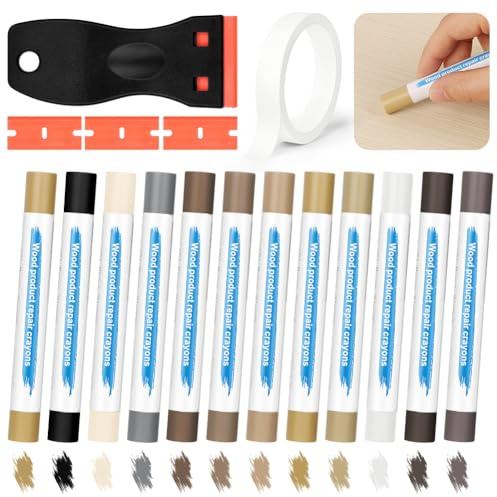 NUTKIT 12 Colori Stucco per Legno, Set di Riparazione Laminato, con Raschietti e Nastro Adesivo, Bastoncini di Cera per Riparazione del Legno, per Pavimenti in Legno Piani di Lavoro e Arredi Domestici