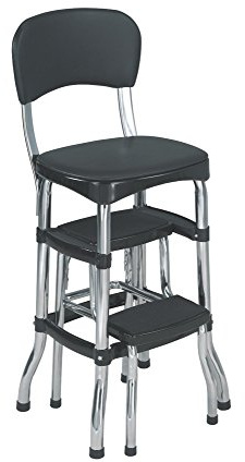 COSCO Retro Plastic & Vinyl Upholstered Stylair Retro Counter Height Chair with Step Stool, Comfortable Cushioned Seat and Back, in Black & Chrome Finish