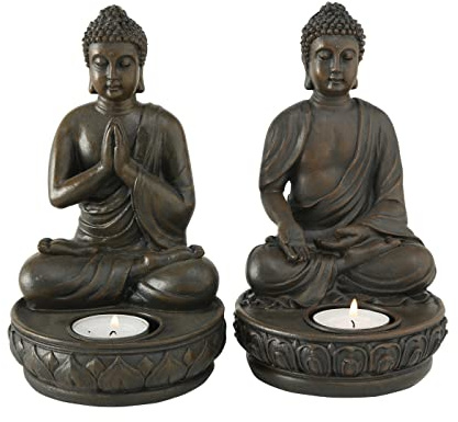 Boltze Teelichthalter Buddha | 2-fach sortiert 1 Stück zufällige Variante | Deko Figur Kerzenhalter Statue Asiatisch