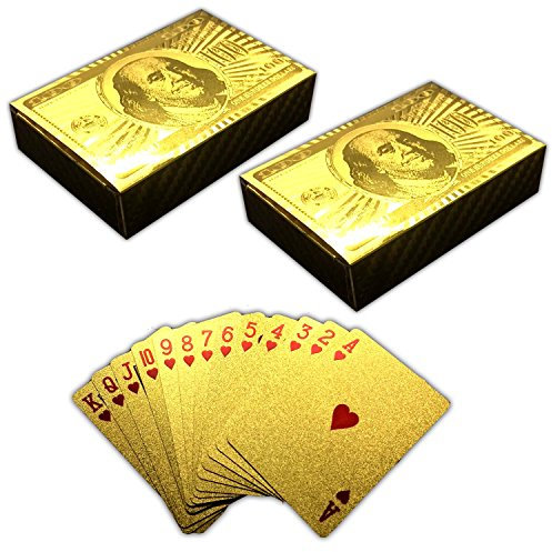 HAC24 2X 54 Spielkarten 100$ Gold Design Pokerkarten Skatkarten Kartendeck