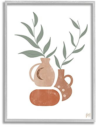 Stupell Industries Boho Ceramic Plant Still Life Modern Terracotta Illustration, Design by Birch&Ink Wandbild, gerahmt, Grau, Keramik, Weiß, 16x20