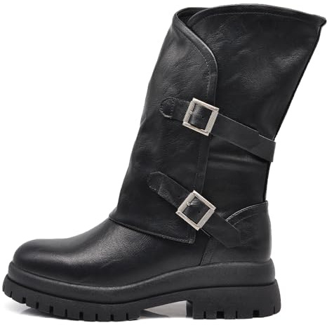 IF Fashion Scarpe Stivali da Donna Al Polpaccio Largo Biker Motociclista Con Doppie Fibbie Platform Anfibi MP2751-4 nero N.39