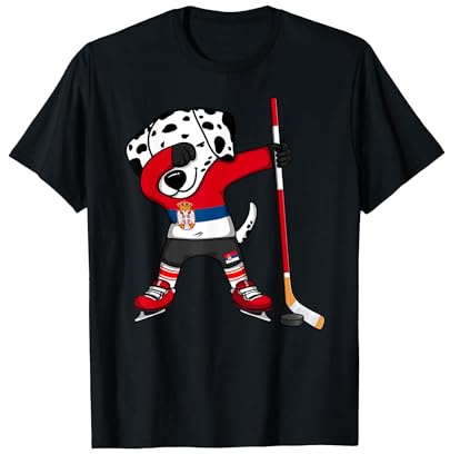 Dabbing Dalmatian Serbia Ice Hockey Fans Jersey Serbian Flag T-Shirt, Men, Black, Large