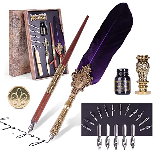 AOMAYLL Quill Pen Ink Set, Calligraphy Pen Ink Set with 17 Replacement Nib, Fountain Dip Pen Stationery Gift for Beginners