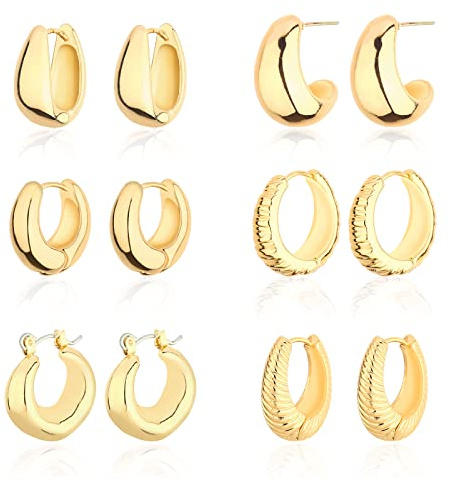 Wgoud 6 Pairs Chunky Gold Hoop Earrings for Women, 14K Gold Plated Hoop Earrings Hypoallergenic, Thick Lightweight Twisted Huggie Hoops Earring Set for Women’s Jewelry GIfts (6 Prs Chunky Gold)