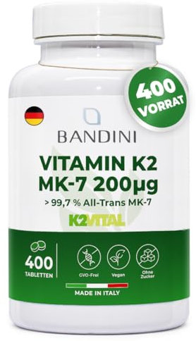 Bandini® Vitamina K2 MK7 200µg | 400 Compresse | Menachinone ad Alto Dosaggio | Vit K 2 MK-7 200 mcg | Contribuisce al Mantenimento di Ossa Normali, 100% Vegan, Senza OGM | Vitamina K Qualità Italiana