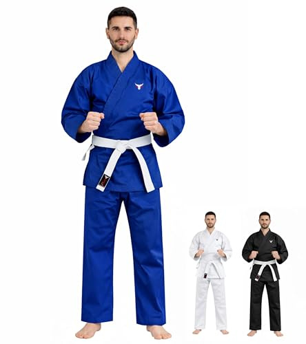 Mytra Fusion Karate Gi adulto con Cinturón – Traje de Entrenamiento de Artes Marciales 200 g para Hombre y Mujer– Uniforme de Karate para Estudiantes (Azul, 7/200)