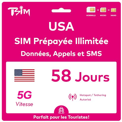 Scheda SIM USA valida per 58 giorni. Rete T-Mobile con dati illimitati ad alta velocità su 5G/4G/LTE | Chiamate e SMS locali illimitati negli Stati Uniti (inclusa Hawaii). Scheda SIM 5G!