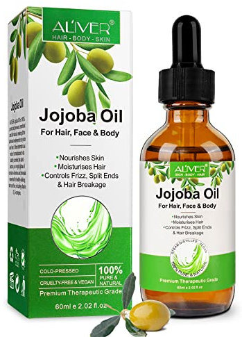 Olio di jojoba 60 ml, 100% puro olio di jojoba naturale per capelli, trattamento per capelli danneggiati e pelle secca, olio pressato a freddo per capelli, barba, unghie e pelle