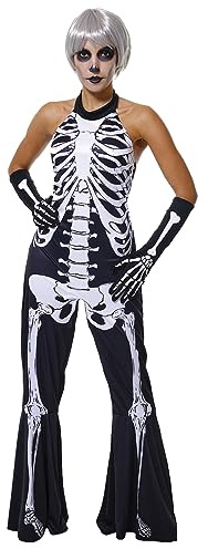 Rubies Skelita 70s Disfraz Esqueleto para mujer, Jumpsuit con pantalones de campana y guantes, Oficial Halloween, Carnaval, Fiestas y Cosplay, Talla única