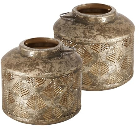 Leafy Metal Lattice Candle Lanterns, Set of 2, Antique Gold, Handcrafted, Iron, Distressed Finish, Gold Interior, Shabby Chic, 5.5 D x 5 H Inches