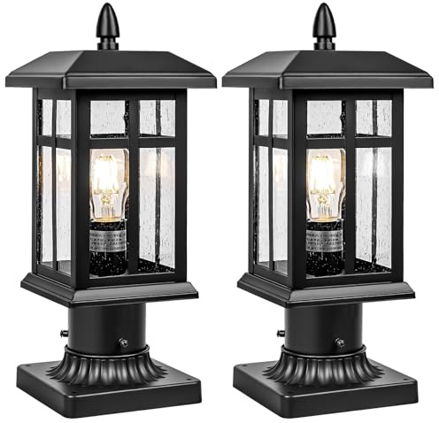 Brilvibera 2 Packs Outdoor Post Light, Black Pole Lantern Lighting Fixture with Pier Mount Base, Exterior Lamp Post Lantern with Glass for Garden Yard Patio Path