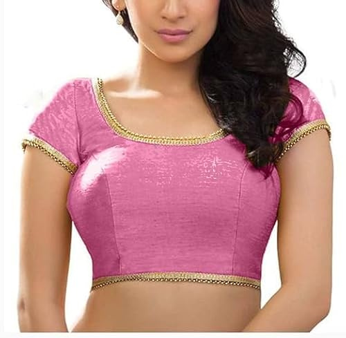 Fashnkart Indian Women's Dupion Stitched Short Sleeve Blouse Readymade Ethnic Tunic Choli Round Neck, Back Open with Lace Light Pink