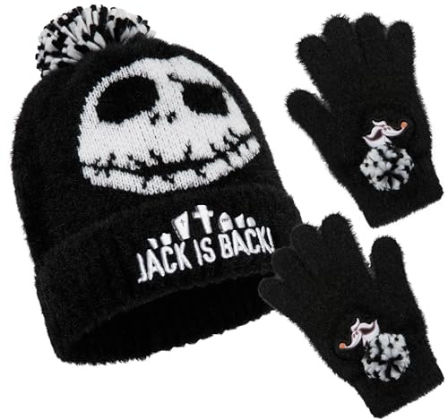 Disney Stitch Set d'Accessoires d'hiver pour Fille, 2 Pièces Gant Hiver Enfant et Bonnet Pompon Enfant Ado - Idée Cadeau Enfant (Noir Jack, 6-14 Ans)
