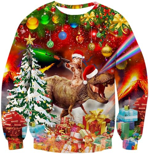 TUONROAD Suéter Feo de Navidad en 3D, suéter navideño Feo con Estampado de Dinosaurio de Papá Noel, Sudadera de Manga Larga para Hombre para Parejas, 3XL