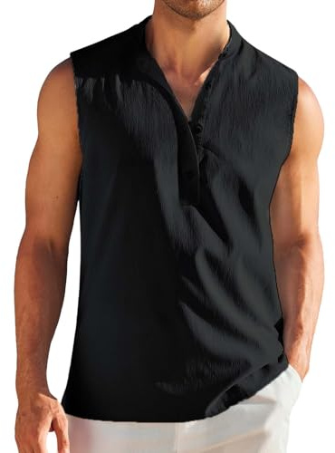 Camiseta sin mangas para hombre de verano, cuello alto, camisa de lino sin mangas, con tira de botones de 1/4, camisetas de tirantes de lino para verano, camiseta interior de lino para hombre, sin