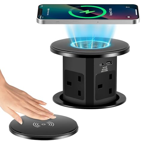 Neulriscn Pop Up Socket with Wireless Charging, Pop up Sockets for Kitchen Worktops, 4 Outlets, 1 USB-A, 1 USB-C, 15W Wireless Charger, Automatic Hidden Socket Power Port for Office Island Countertops
