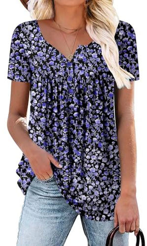CHICZONE Ladies Short Sleeve V Neck Tunic Tops Buttons Up Blouses Shirts Loose Fit for Leggings