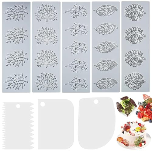 XTUDOU® 5 pezzi Foglie Forma Torta Stampo in Silicone, Stampi in Slicone per Foglie con 3 Raschietti, Fondente Foglia Stampo per Fondente, Decorazione di Torte, Sapone, Cioccolato, Dessert