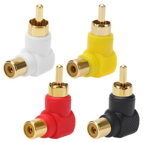 KUOQIY 4 Pezzi Adattatore ad Angolo Retto Placcato Oro, 90 Gradi RCA Maschio a Femmina Adattatore, per Audio Stereo o Video AV, Rossi/Ner/Bianchi/Gialli