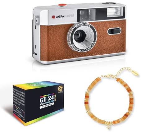 AgfaPhoto x HIPANEMA - brun återanvändbar kamerabox i silver med HIPANEMA Matcha bärnsten film och armband