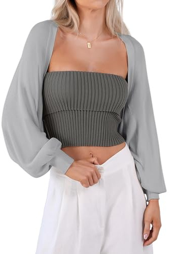 Totatuit Bolero Cárdigan Corto Festivo para Mujer Cárdigan Elegante con Frente Abierto Bolero Manga Larga Chaqueta Ligera Chaqueta Gris Claro，S