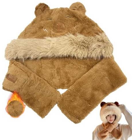 FOSDICK Integrated Ear Protection Windproof Cap Scarf, Capybara Plush Hooded scarf Women, Cute Capybara Hat with scarfs Attached, 2 in 1 Winter Warm Hats and Scarves, Gift for Women and Girls