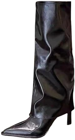 Botas altas hasta la rodilla con punta puntiaguda para mujer, parte superior de lona, suela de goma, tacón de aguja de 6,5 cm, botas de equitación a la moda en negro, marrón, blanco, para exteriores y