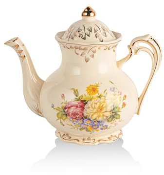 YOLIFE Flowering Shrubs Teapot, 700 ml/ 3 Cup Porcelain Teapot, Vintage Ivory Floral with Gold Leaves Edge, Gift for Women