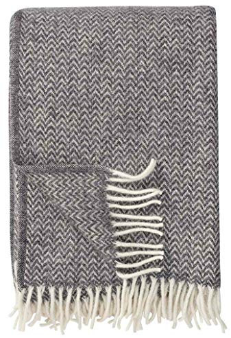 KLIPPAN Wolldecke 'Chevron' mit Zickzackstreifen aus Bio Lambswool, 130x200cm, Sofadecke, Kuscheldecke (currygelb) (grau)