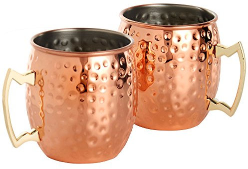 VonShef Moscow Mule Copper Mugs, Set of 2 450ml Stainless Steel Hammered Mugs with Handle, Copper Insulated Cocktail Mugs for Ice Cold Drinks, Cocktails & Beer