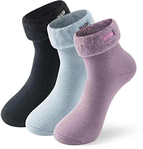 SUTTOS Women's Winter Warm Slipper Socks, Thermal Thick Cushion Cute Calf Crew Socks 1/3/5 Pairs Pack, 3 Pairs-white/Blue/Purple, One Size