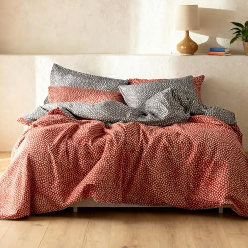 LERUUM Cotton Bedding Set Peach Orange Grey Double Duvet Cover Reversible Polka Dot Print 200TC Premium Percale Quilt Bed Set