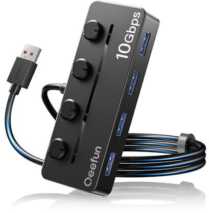 Qeefun 4-Port USB 3.2 Hub, Individual LED Power Switches, 10Gbps Data Transfer USB 3.2 Gen 2 Splitter with 4ft Extension Cable, Multiple USB Extender for Laptop, PC, iMac, USB Flash Drives and More